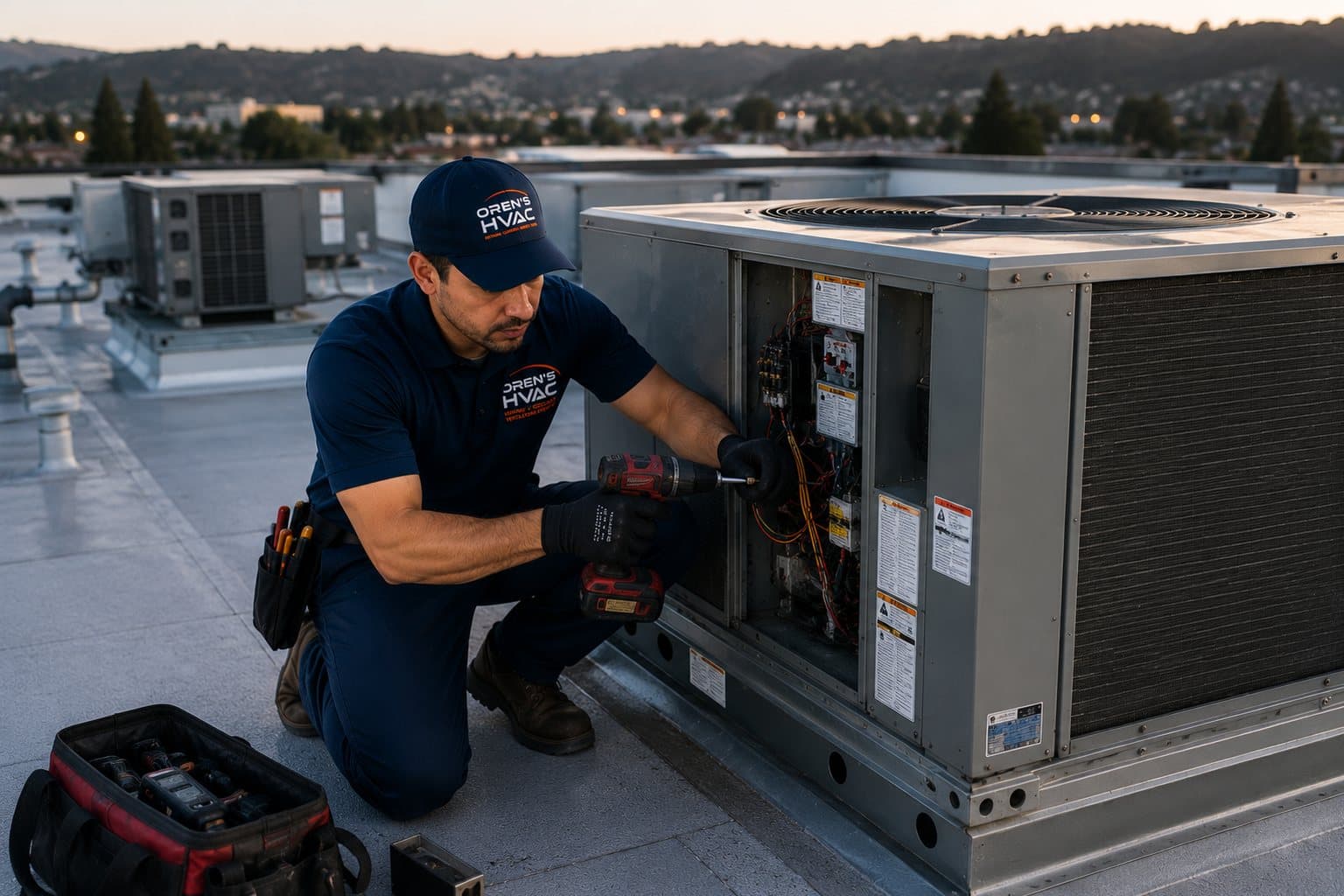 Oren's HVAC Services technician servicing a commercial rooftop HVAC unit overlooking the Oakland skyline