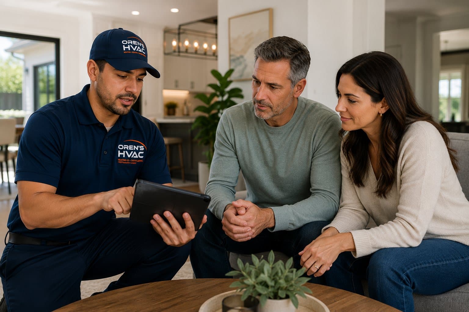 Oren's HVAC Services comfort advisor reviewing system options with homeowners at their kitchen table