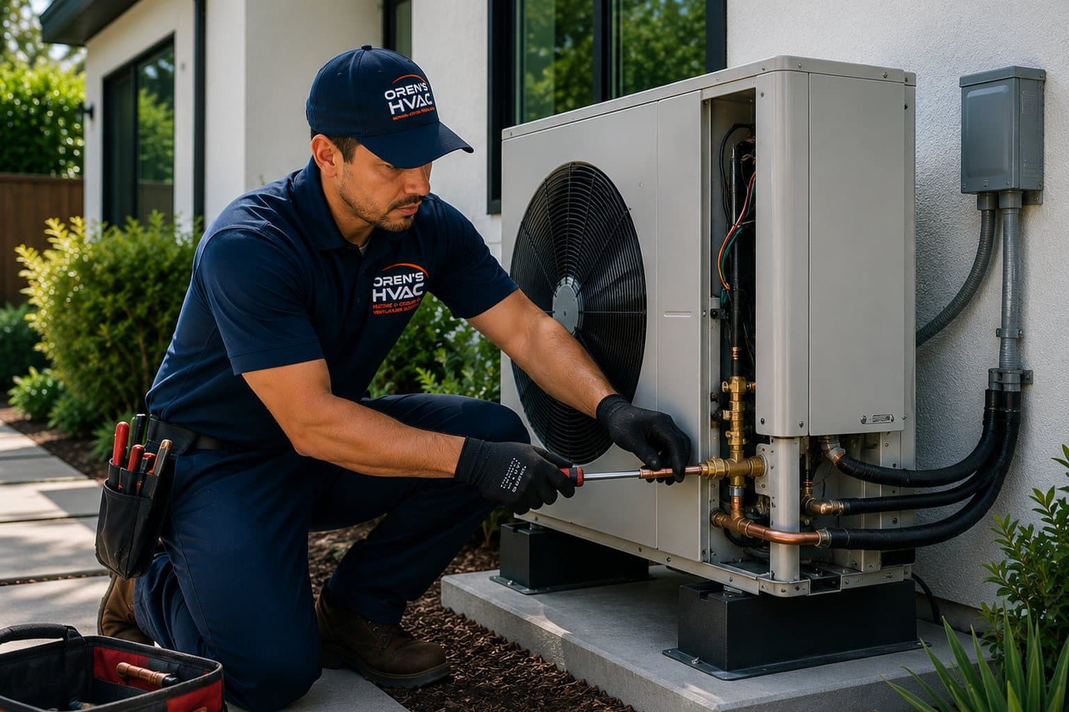 Newly installed high-efficiency heat pump units outside an East Bay home