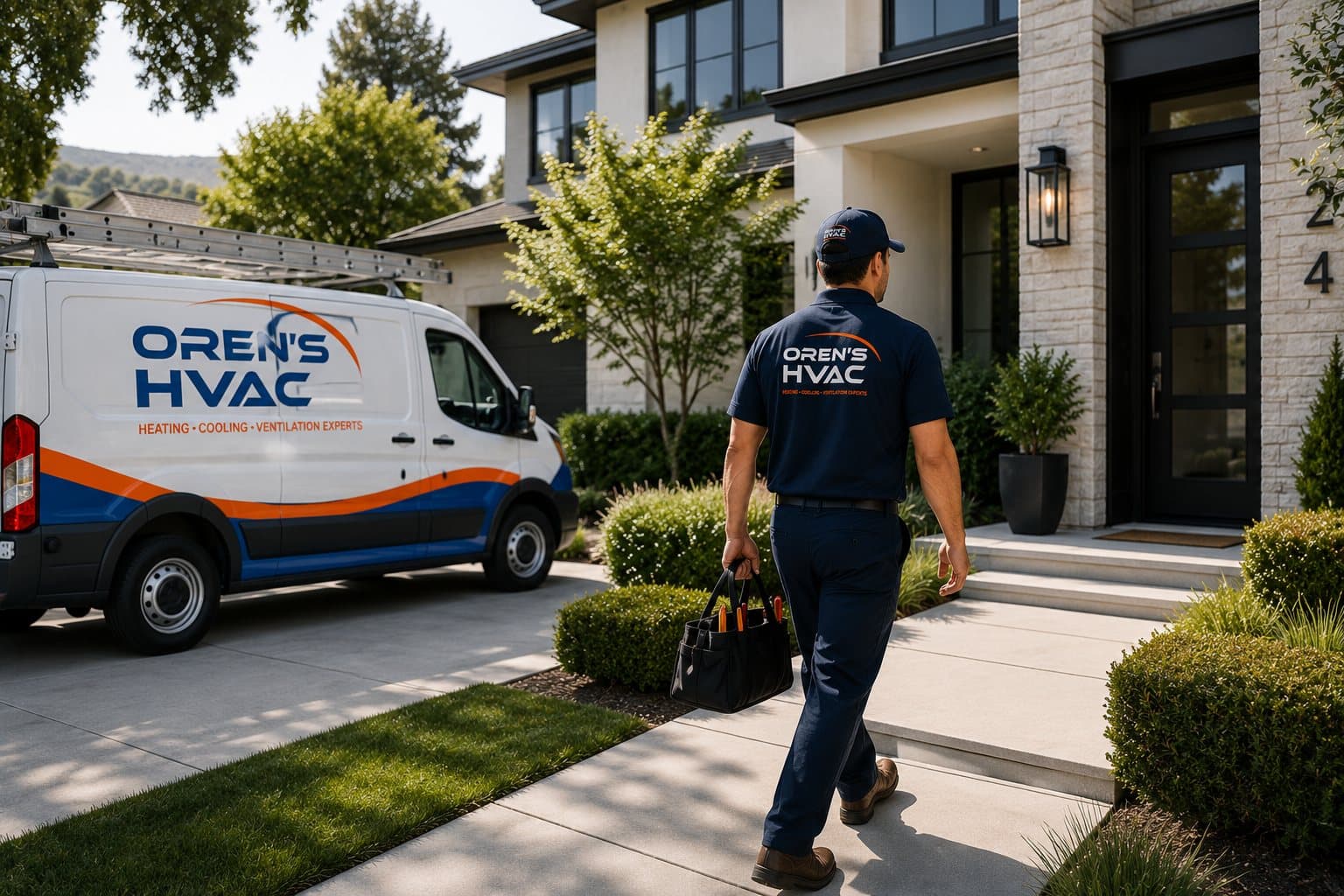 Oren's HVAC Services technician standing by a branded service van at an Oakland home