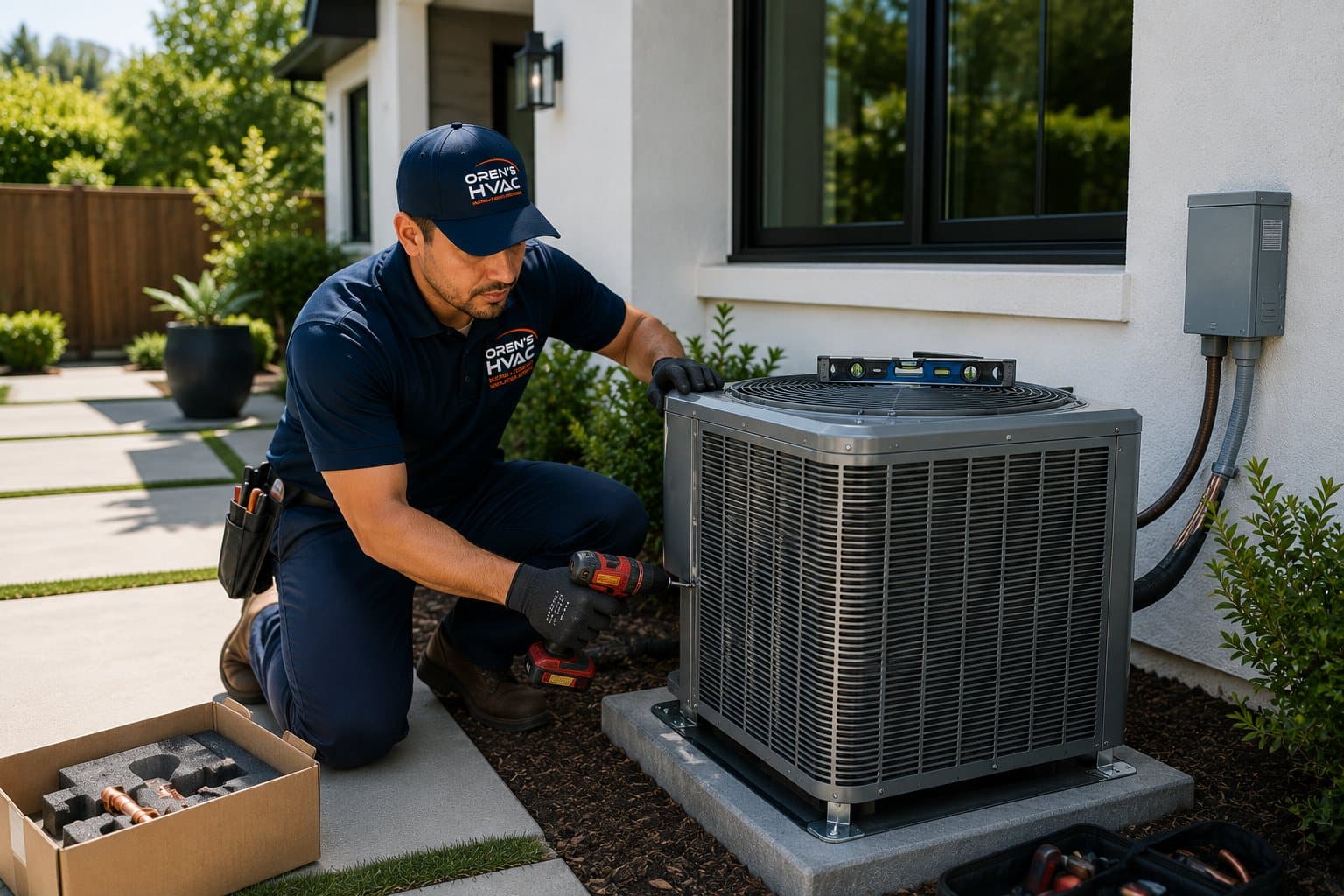 Technician installing a new air conditioning condenser unit at an East Bay home