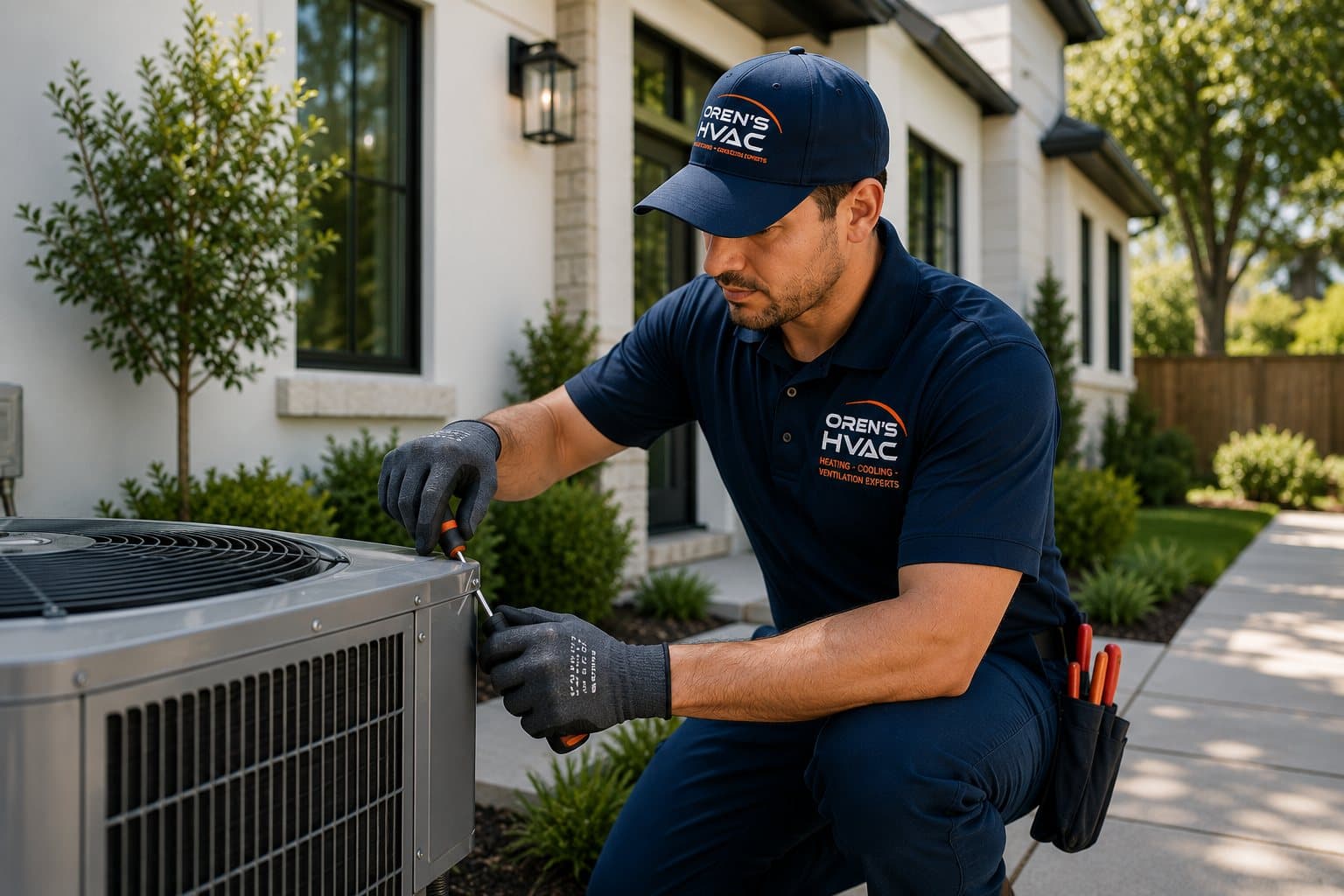 Oren's HVAC Services technician diagnosing an air conditioner condenser at an Oakland home