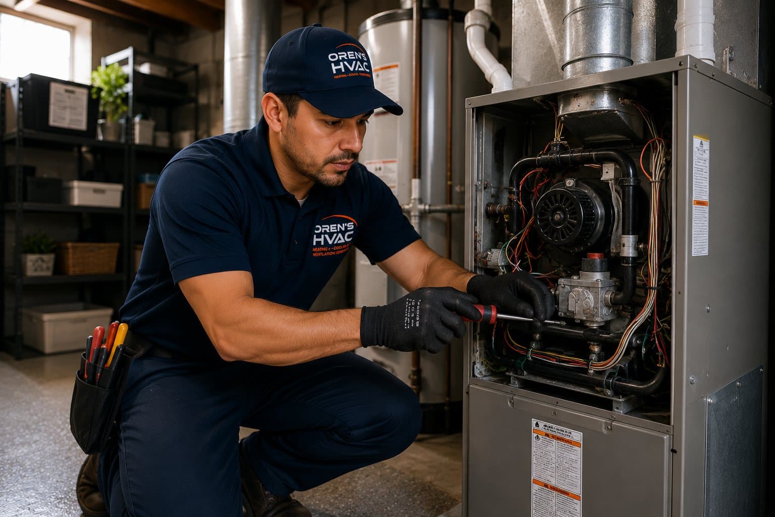 Technician performing electrical diagnostics on an HVAC system during a maintenance tune-up