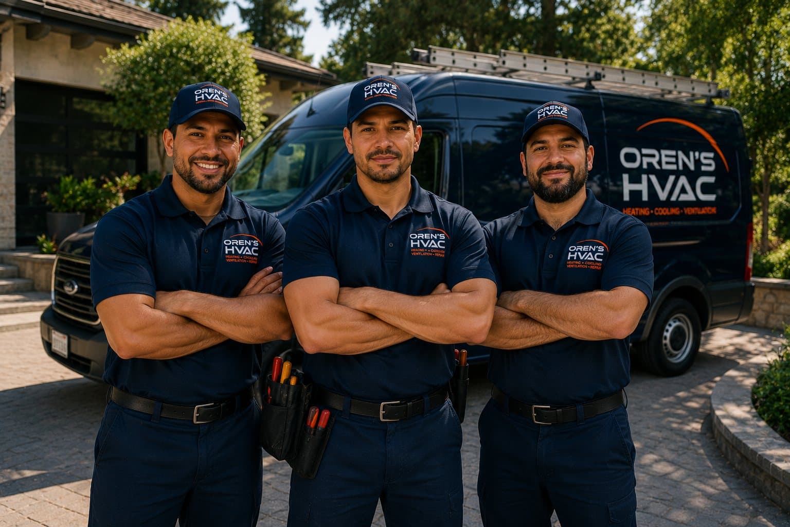 The Oren's HVAC Services technician team in front of a branded service van in Oakland