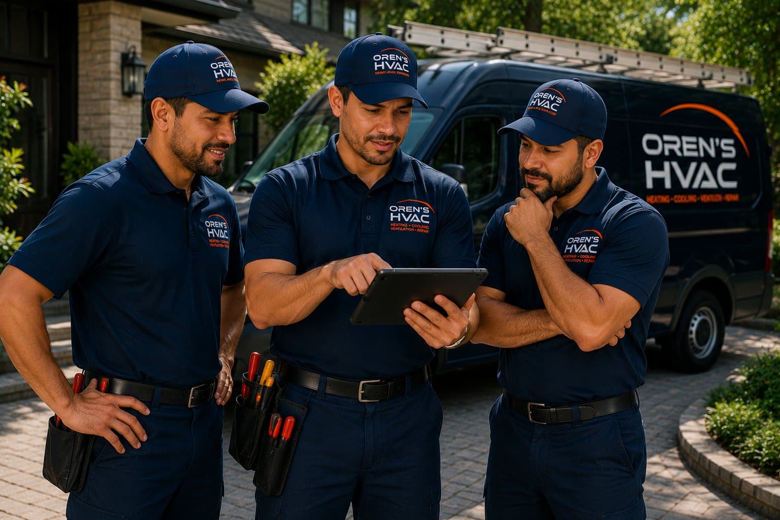 Oren's HVAC Services technicians reviewing the job on a tablet at the branded service van