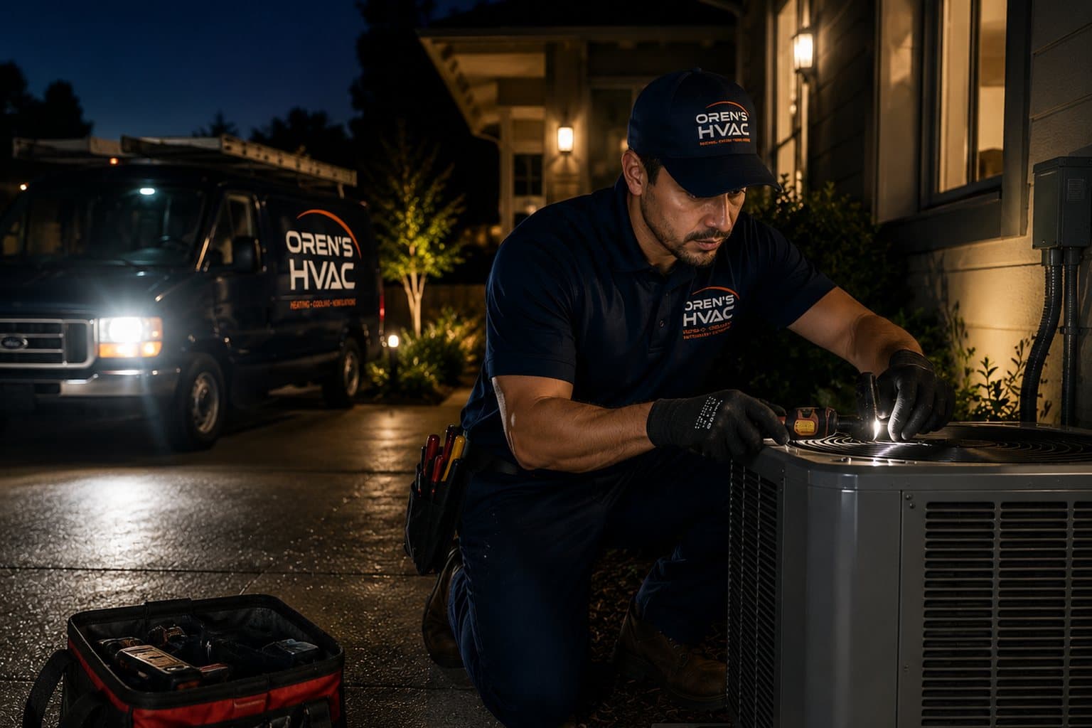 Oren's HVAC Services emergency service van at a hillside Oakland home at sunset